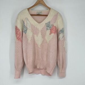 Vintage‎ Christine Angora Pink Cream Floral Embroidered V Neck Sweater Size L